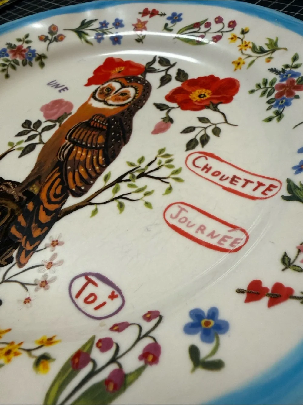 Cute Owl Ceramic Plate - Hand-Illustrated Floral Design- Nathalie Léte- anthro